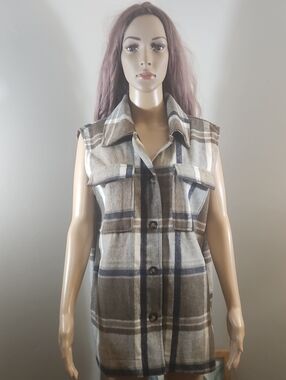KAFFe Plaid Sleeveless Button Front Vest Wool Blend Brown & Cream Long Line